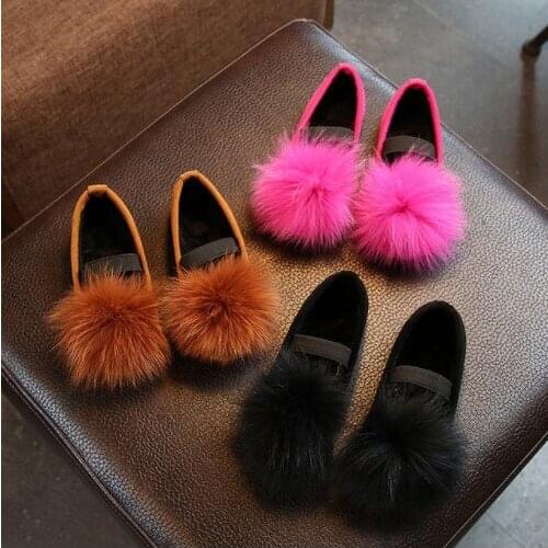 Children Solid Fox Fur Slip-On Casual Shoes Breathable Anti-Slippery Cotton Slippers Shoes Comfortable For Girls Loafers