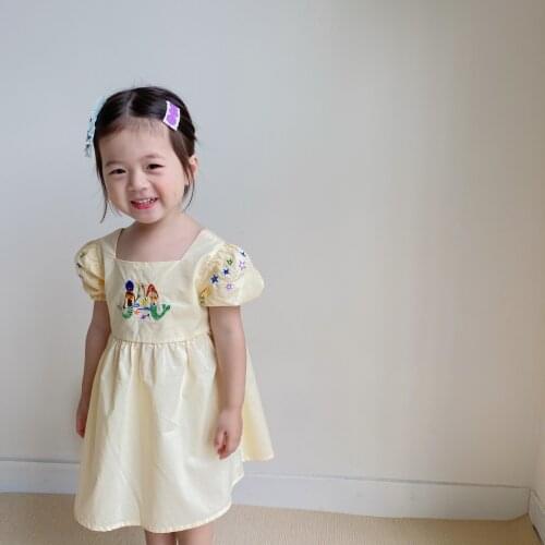 Toddler Girls Dresses Korean Baby Embroidery Cute Dress Summer New Kids Square Collar Puff Sleeve Dress for Girls Kids Clothing
