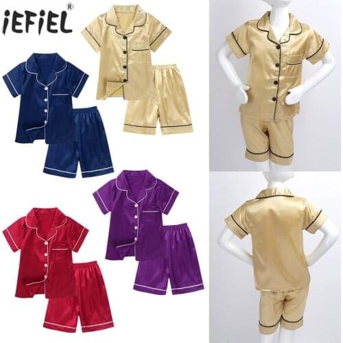 Unisex Kids Pajamas Set Summer Fashion Short Sleeve Button-Down Silk Pajamas Tops Shorts Children Boys Girls Sleepwear Clothes