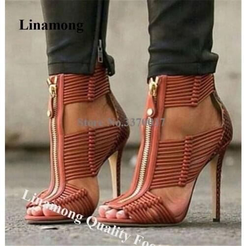 Linamong Designer Open Toe Thin Straps Knotted Stiletto Heel Gold Zipper Decorated Gladiator Sandals Cut-out High Heel Sandals