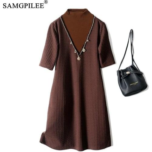 Elegant Dresses For Women 2021 New Autumn Korean Style Fashion Half Sleeves Dark Plaid Fake Two-piece Stretch Slim Womens Dress