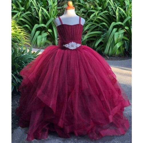 Customized Burgundy Flower Girl Dresses Spaghetti Straps Beaded Sash Girls Pageant Dress Kids Formal Gown