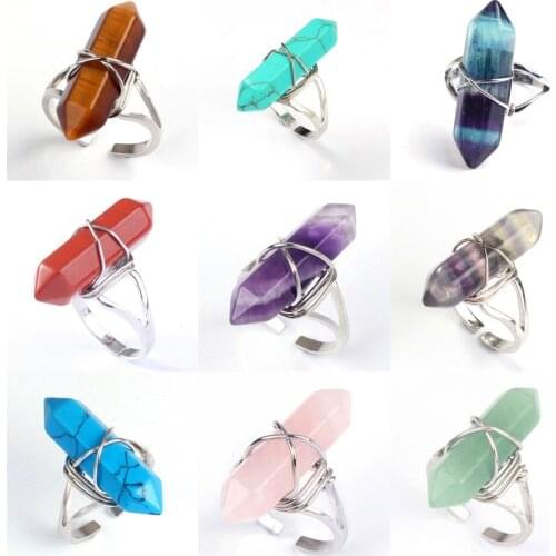 KFT Silver Plated Wire Wrap Hexagon Column Resizable Amethysts Quartz Crystal Stone Finger Rings For Women Party Wedding Jewelry