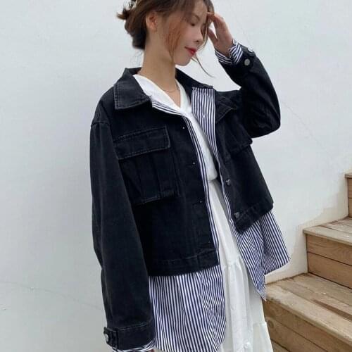 Korean Loose Blue Denim Fake Two Pieces Patchwork Striped Plus Size Jacket New Lapel Long Sleeve Women Coat Casual Spring 2021