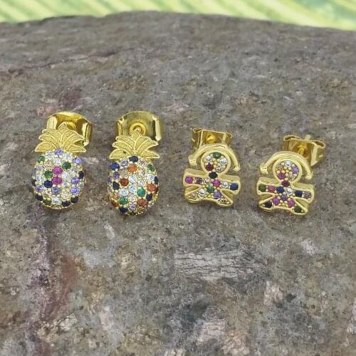 Multicolor Crystal Pineapple Earrings Stud Super Small Jewelry aretes de mujer Listening to Music Girl Shape Cute Tiny Ear Studs