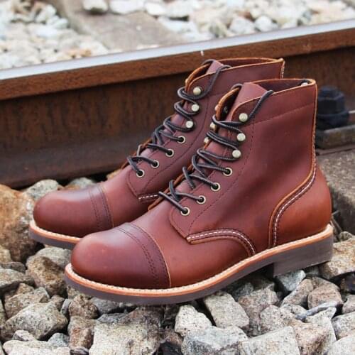 Yomior 2021 Vintage Handmade Men Casual Shoes Goodyear-Welted Tooling Ankle Boots Round Toe Cow Leather Motorcycle Boots Winter