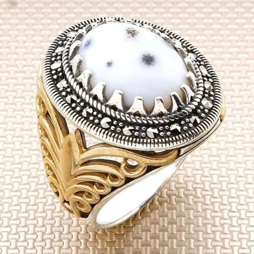 Oval White Yemen Agate Stone Silver Ring Vintage Men Silver Ring Bronz Color Big Heavy Silver Ring Solid 925 Sterling Silver