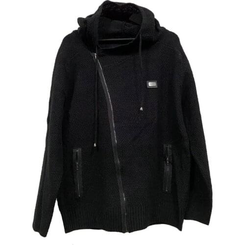 E-BAIHUI Mens Winter Sweater Oblique Zipper Jacquard Knitted Cardigan Casual Slim Hooded Sweatshirt Knitwear Coat Sportswear