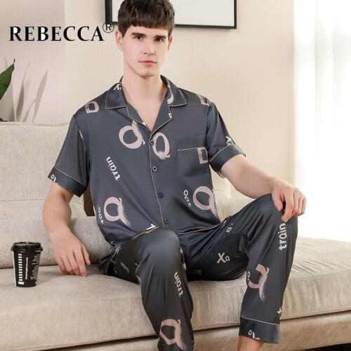 2021 New Mens Silk Satin Pyjamas Set Geometric Print Short Sleeve Sleepwear Pajama Spring Summer Homewear Plus Size XXXL