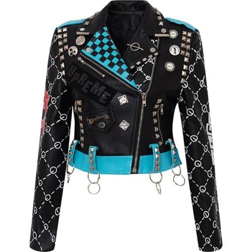 New PU Women Graffiti Print Rivet Jacket Casual Punk short Faux Leather Chain Top Winter Slim windbreak Motorcycle Coat outwear
