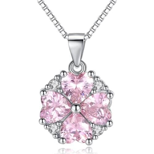 New Romantic Pink Heart Crystal Flower Pendants Necklaces for Women Cubic Zircon 925 sterling silver Statement Jewelry