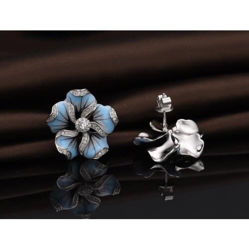 New Trendy Blue Flower Shape Earrings Womens Earrings Fashion Metal Bohemian Crystal Inlaid Earrings Accessories Party Jewelry
