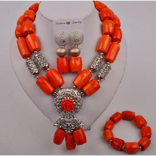 Orange Coral Necklace Earrings Bracelet Set for Women African Beads Nigerian Traditional Wedding Jewelry Sets