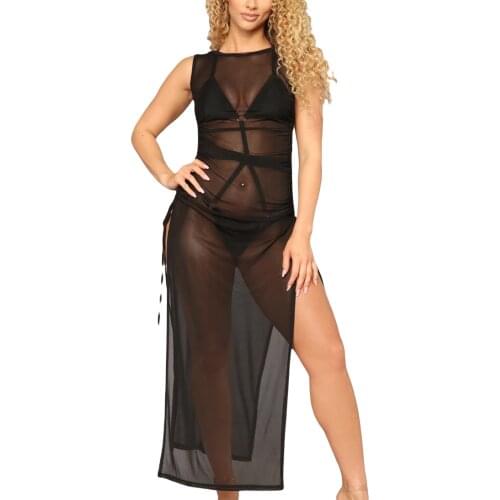 Sexy See Through Mesh Beach Dress Womens Swimsuit Cover-Ups Sleeveless High Slit Maxi Dress Beachwear Side Lace-Up Ruched Dress