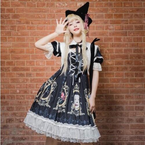 Gothic palace princess sweet lolita dress vintage lace navy collar printing victorian dress kawaii girl gothic lolita op cosplay