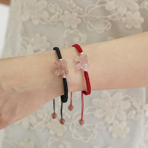 Red/Black Rope Chain Bow-knot Natural Strawberry Crystal Handmade Braid Couple Bracelets for Women Men Fashion Jewelry YBR468