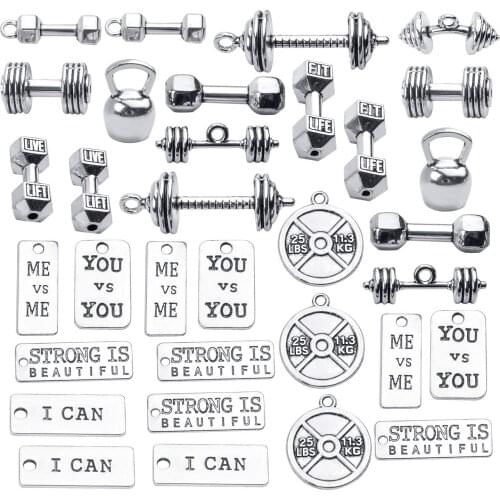 32pcs Sport Charms Barbell Dumbbell Kettle Bell Weightlifting Pendant Square Word Charms for Jewellery Making Crafting,14 Styles