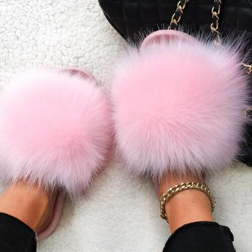 Furry Fur Slides Faux Fox Sandals Plush Raccoon Fur Slippers Women Flat Summer Sandals Fluffy Flip Flop Slippers Female Shoes