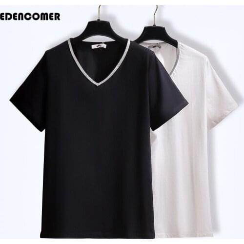 V-neck All-match Thin Top Korean Fashion Silver-edge Bottoming T-shirts 2021 Summer New Plus Size T-shirt Women Tshirts Tops