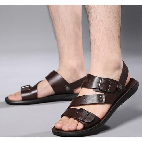 New Fashion Casual Men Shoes Slip-On Genuine Cow Leather Soft Non-slip Beach Summer Sandals Slippers 2021 Solid Flats Flip Flop