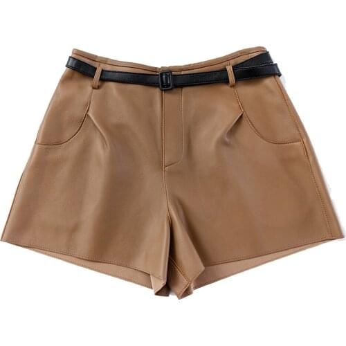 Loose Soft Sheepskin Leather Shorts Women Wide Leg Natural Leather Shorts High Waist 2021 Autumn Female Short Pants Femme Pantal