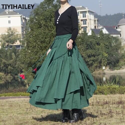 TIYIHAILEY Free Shipping 2021 New Long Maxi A-line Elastic Waist Women Cotton And Linen Print Flower S-2XL Irregular Skirts