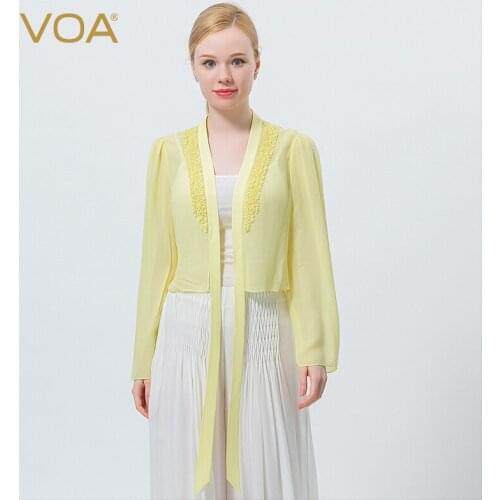 VOA Silk Georgette Yellow Long-sleeved Stereo Fungus Decoration Micro-transparent Sunscreen Simple Outer Short Coat Female WE103
