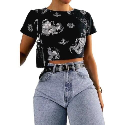 Women Vintage T-Shirt Summer Short Sleeve Crewneck Dragon Print Slim Fit Crop Cool Tops Casual Elegant Black Summer Fall Spring