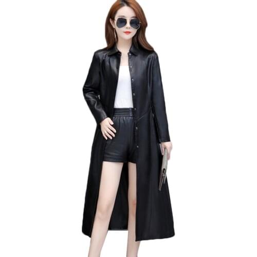 Womens Long Leather Jacket New Spring Autumn Clothing Slim Plus Size 4XL Female Leather Windbreaker Coat Black Tops Outerwear