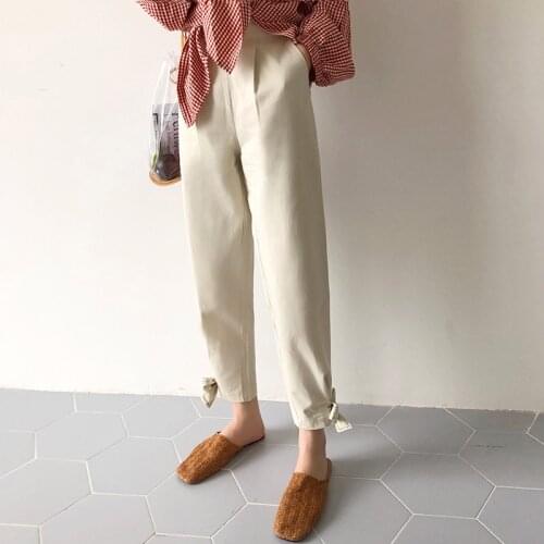 2021 New Women Spring Casual Cotton Long Harem Pants High Waist Bow Tie Beige Trousers Ankle Length