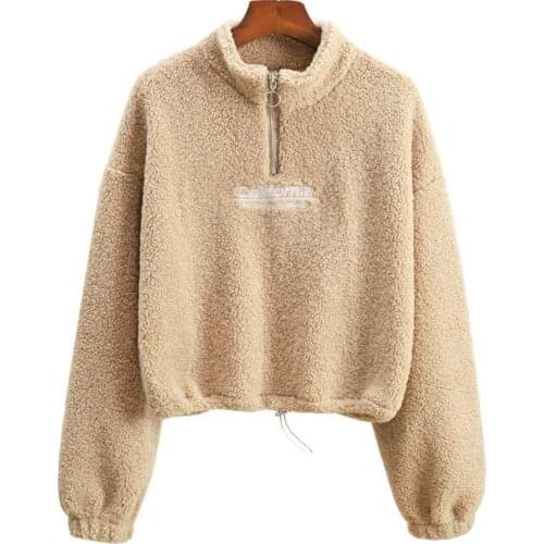 Autumn Clothes High Street Cashmere Thick Warm Sweatshirt Women California Letter Harajuku Embroidery Short Pullover Zipper Neck