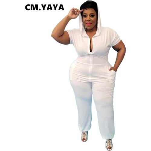 CM.YAYA Women Plus Size Jumpsuit Solid Hooded Zipper Strechy Jumpsuits with Pockets Casual One Piece Overall Summer Outfit 2021