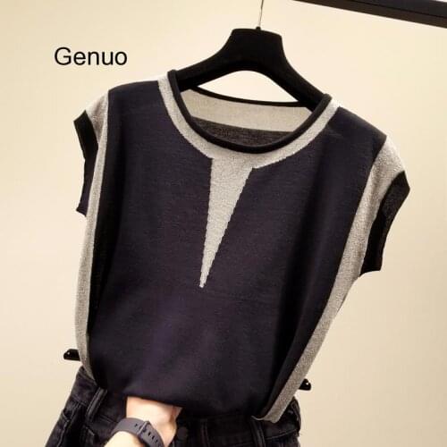 Korean Patchwork Ice Silk Knitted Sweater Women O-neck Short Sleeve Pullover Fashion Loose Sweaters 2019 Summer New Arrival Tops