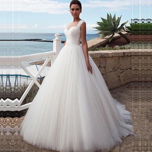 Elegant O Neck A-line Tulle Wedding Dress Lace Appliques Backless Boho Beach Bridal Gowns Sleeveless Vestido De Novia Lace Up