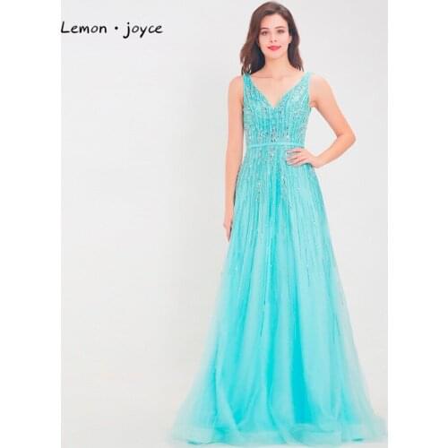 Lemon joyce Evening Dress Long Sexy Backless Stunning Beading Floor Length A-Line Party Dress Gowns Plus Size 2020 New Arrivals