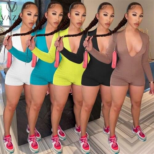 VAZN 2021 INS Early Autumn Style Young Soft Sexy Energy Deep V-Neck Full Sleeve High Waist Women Skinny Playsuits