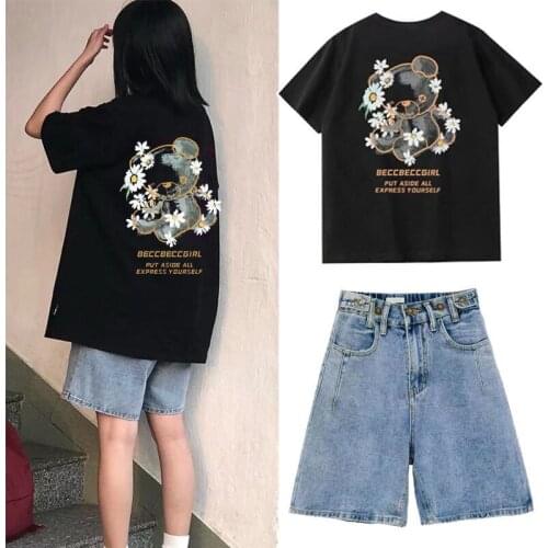 2021 Summer New Cotton T-shirt Women Loose Ins Daisy Bear Short Sleeve + Five-point Pants Jeans Women