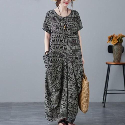 2021 Summer Fashion Plus Size Women Maxi Long Dress Oversize Ethnic Printed Beach Boho Sundress Lady Vestidos Femme Cotton Dress