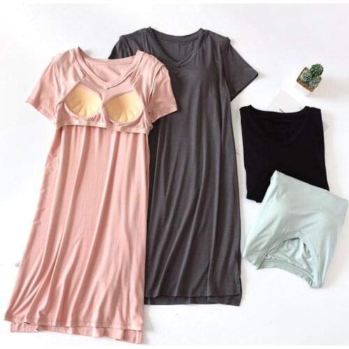 Fdfklak Women Nightgowns Summer Sleepwear With Chest Pad Night Dresses M-XXL Plus Size Short Sleeve Women Loose Nightdress