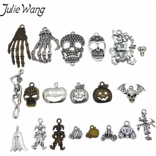 Julie Wang 20pcs Mixed Alloy Halloween Pumpkin Skull Ghost Clown Charms Necklace Earrings Pendant Jewelry Making Accessory