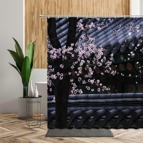 Chinese Building Shower Curtains Plum Blossom Flower Retro Printed Bath Decor Accessories Waterproof Fabric Bathroom Curtain Set