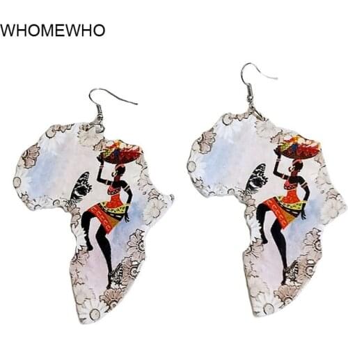 Laser Cut Natural Wood White Flower Painting Africa Map Black Queen Earrings Wooden African Hiphop Handmade DIY Party Jewelry