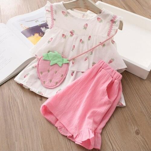 2021 2pcs Summer Baby Girls Children Strawberry Thin Suit Tops + Short Girls Clothes Kids Clothes sets 2-8