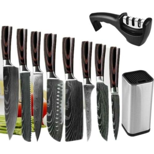 10 piece/set Kitchen Knife Set Japanese Damascus Pattern Chefs Knife with Accessory Knife Holder Knife Sharpener Dropshipping