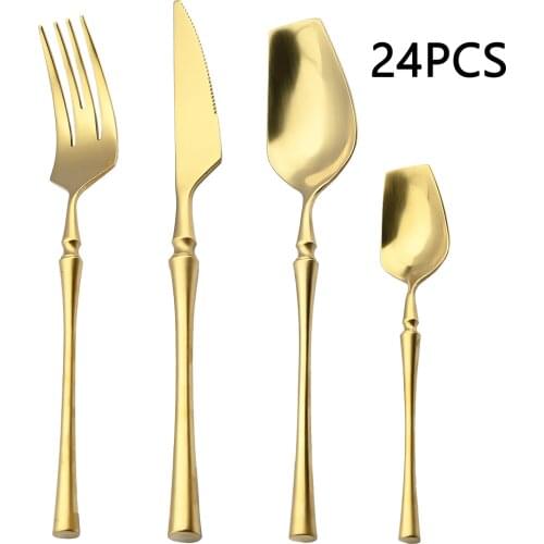 24Pcs Dinnerware Set Matte Glod Cutlery Tableware Set 18/10 Stainless Steel Silverware Set Kitchen Fork Spoon Knife Dinner Sets
