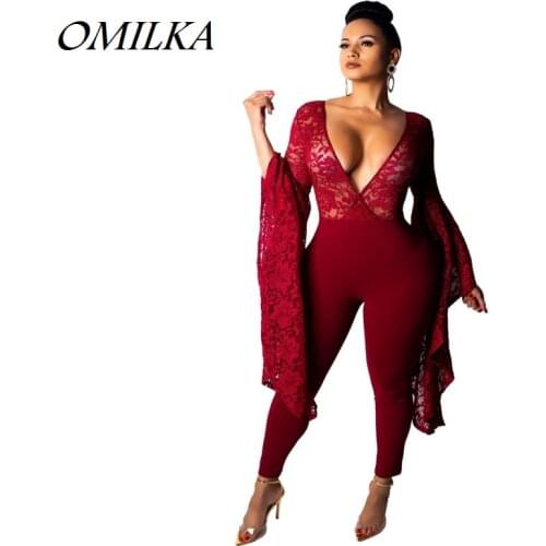 OMILKA 2018 Autumn Women Flare Sleeve V Neck Lace Bodycon Rompers and Jumpsuits Sexy Black Red Club Party See Through Overalls