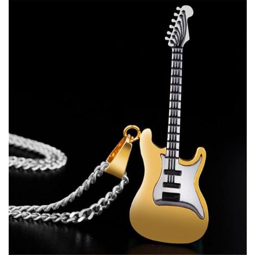 Guitar Necklace For Men/Women Music Lover Gift Black/Gold Color Stainless Steel Pendant & Chain Hip Hop Rock Jewelry