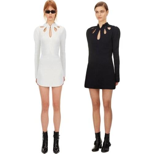 Free shipping high quality black and white tight round neck long sleeve commuting rayon bandages dress