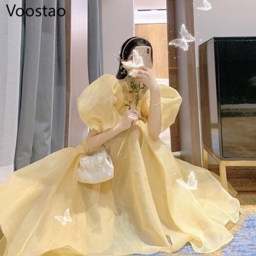 French Vintage Sweet Fairy Dress Summer Women Elegant Chic Party Midi Dress Female Lace-Up Puff Sleeve Princess Dresses 2021 New