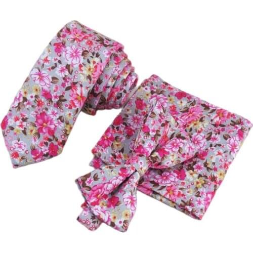 Pink Floral Tie Set Mens Necktie Bowtie And Handkerchief Set Pocket Square Narrow Ties For Suit Shirt Dress Accessories Gravata